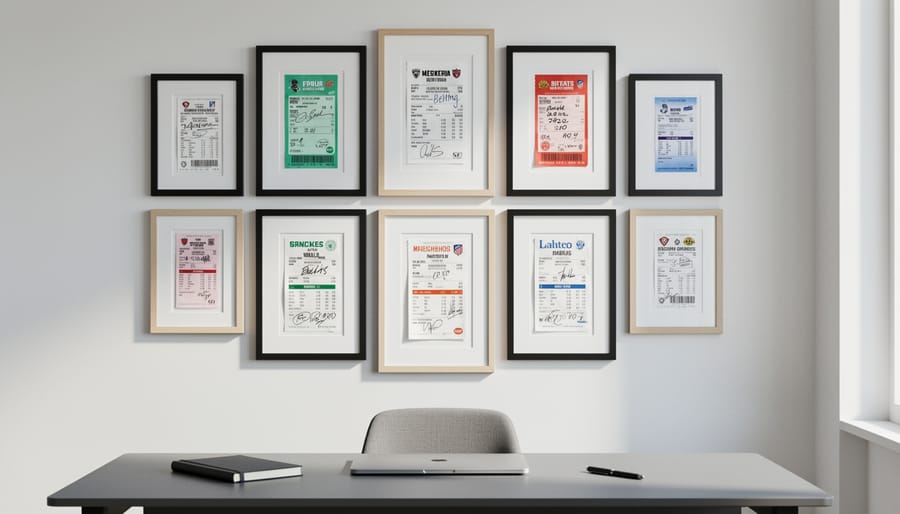 Three framed vintage betting slips arranged as gallery wall above home office desk