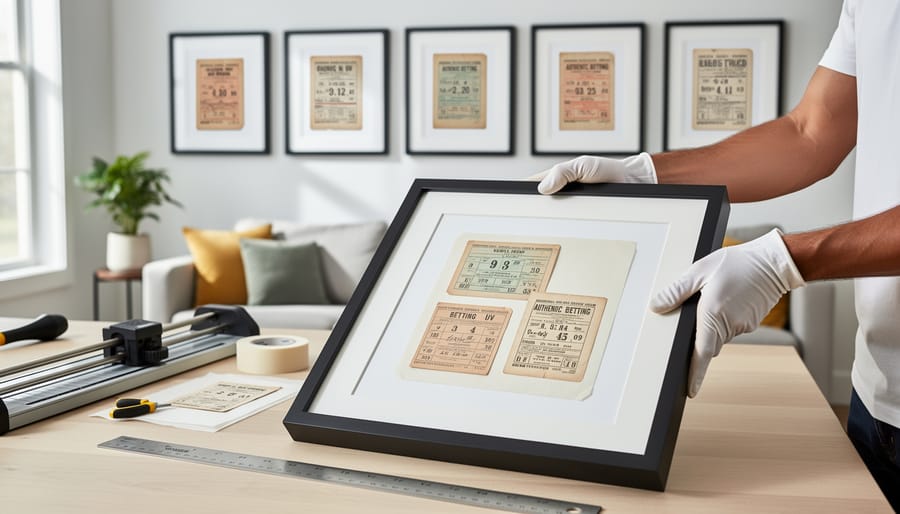 Hands in conservation gloves framing vintage betting ticket with archival materials