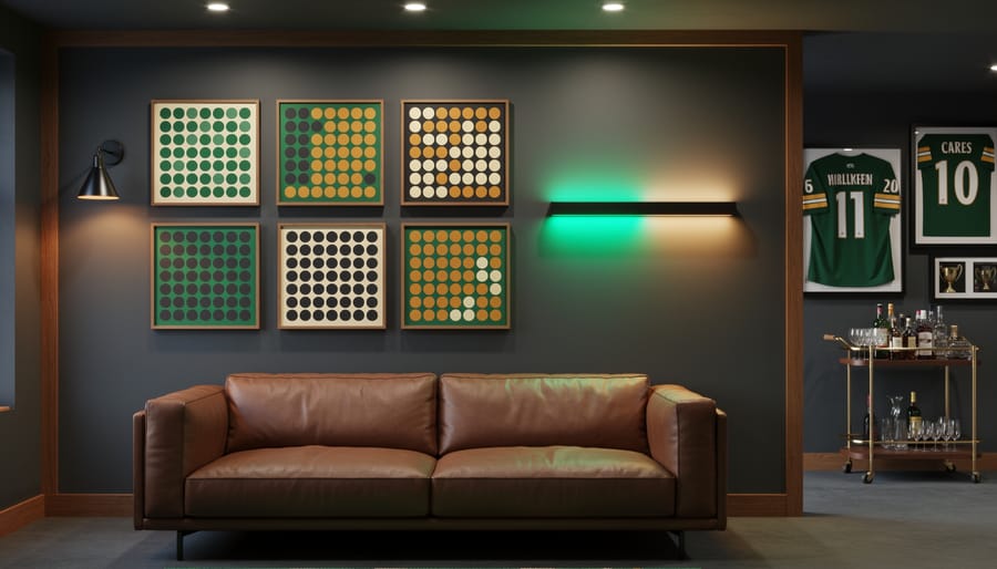 Modern game room with framed abstract odds-board style art, emerald and amber LED panel, leather sofa, and blurred bar cart and sports memorabilia, photographed straight-on under warm accent lighting.