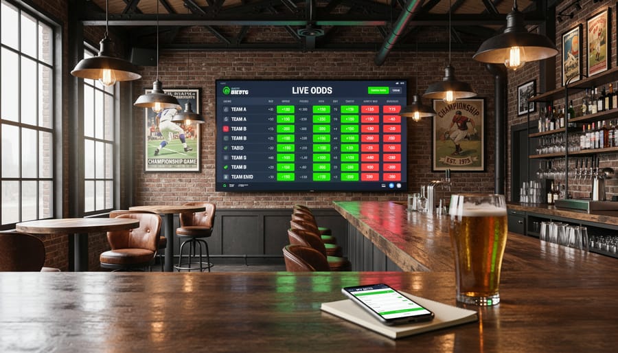 Framed vintage sports betting odds board mounted on brick wall in modern industrial living space