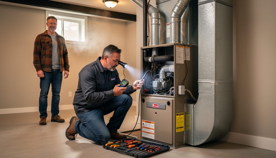 Technician inspecting and adjusting residential furnace controls during fall maintenance check