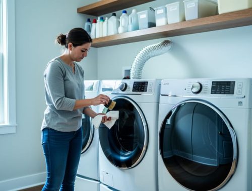 Person cleaning the dryer vent hose and lint trap in a modern laundry room with front-load washer and dryer, side-window daylight, and slightly blurred water heater and HVAC unit in the background.