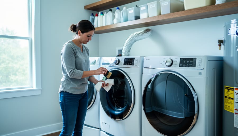Person cleaning the dryer vent hose and lint trap in a modern laundry room with front-load washer and dryer, side-window daylight, and slightly blurred water heater and HVAC unit in the background.
