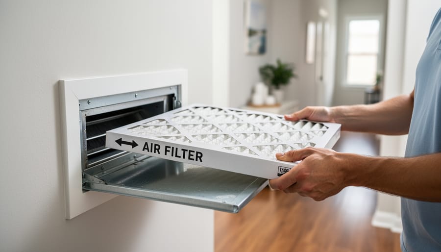 Hands in cleaning gloves comparing dirty old HVAC filter with clean new replacement filter