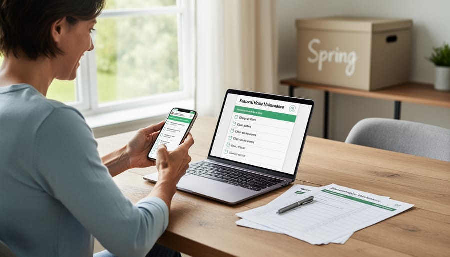 Smartphone showing maintenance calendar app next to printed seasonal cleaning checklist on desk