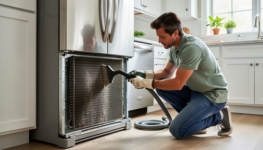 Overhead view of refrigerator coils being cleaned with specialized brush during spring maintenance